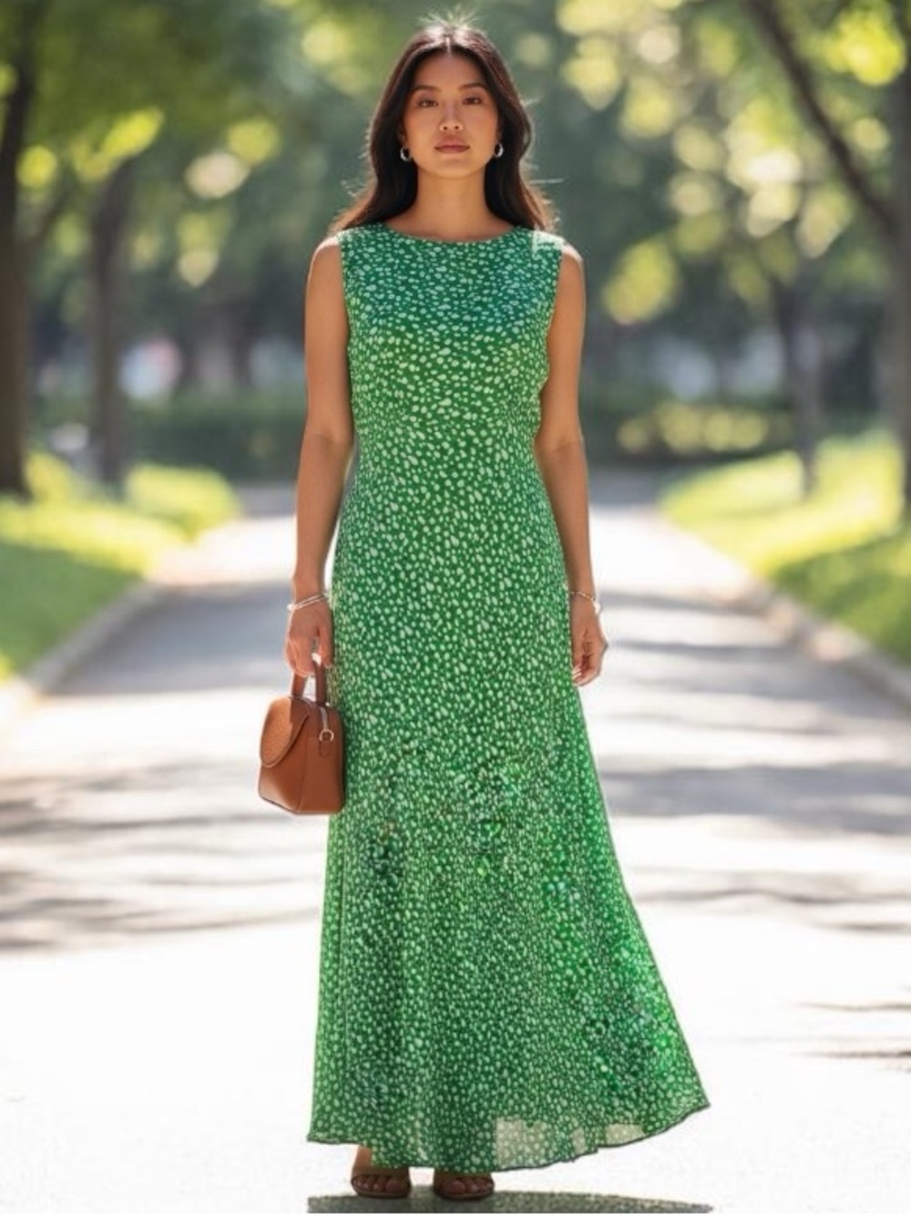 CYNTHIA HOWIE 100% Silk Sleeveless Green Dot Print Maxi Dress Fit & Flare Sz 12 - Picture 11 of 11